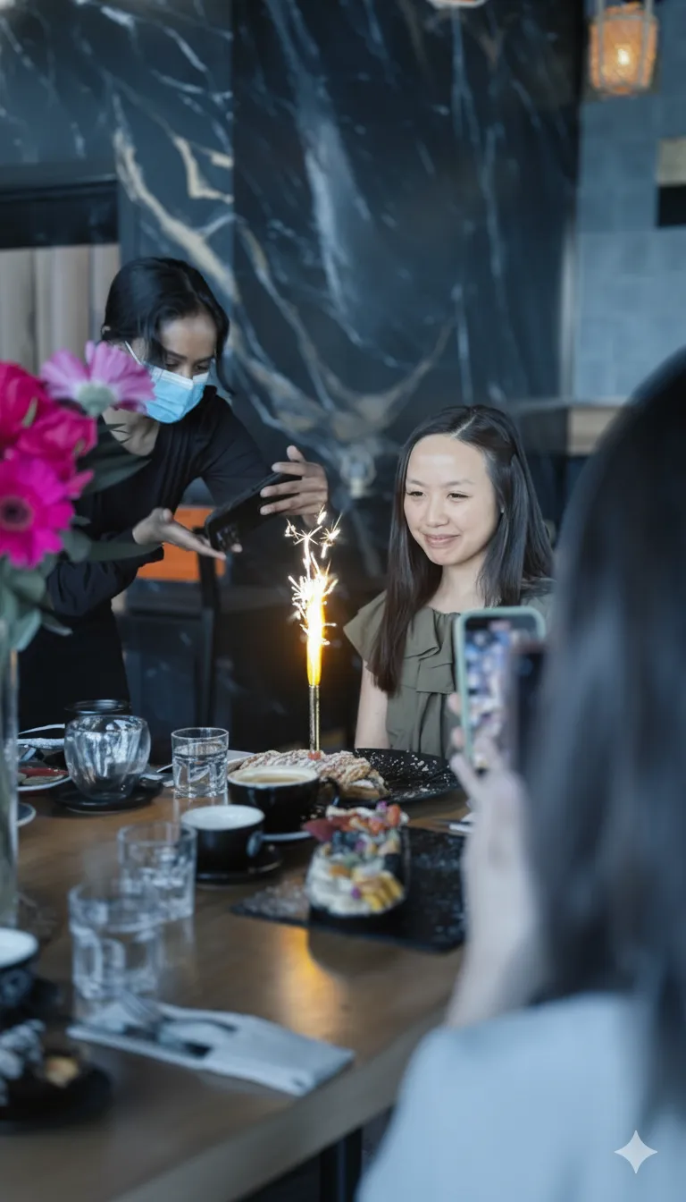 Woman sitting at a table smiling with a pastry and sparkler candle while another guest captures the moment, wearing a mask.