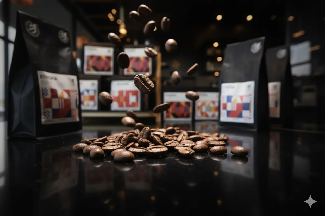 Coffee beans falling onto a black surface with bags of artisan coffee in the background.
