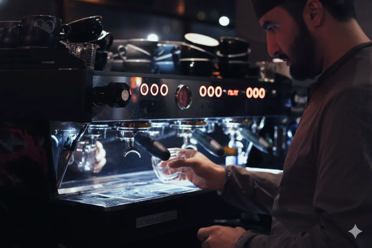 Barista holding a glass cup under an espresso machine's portafilter to brew coffee.