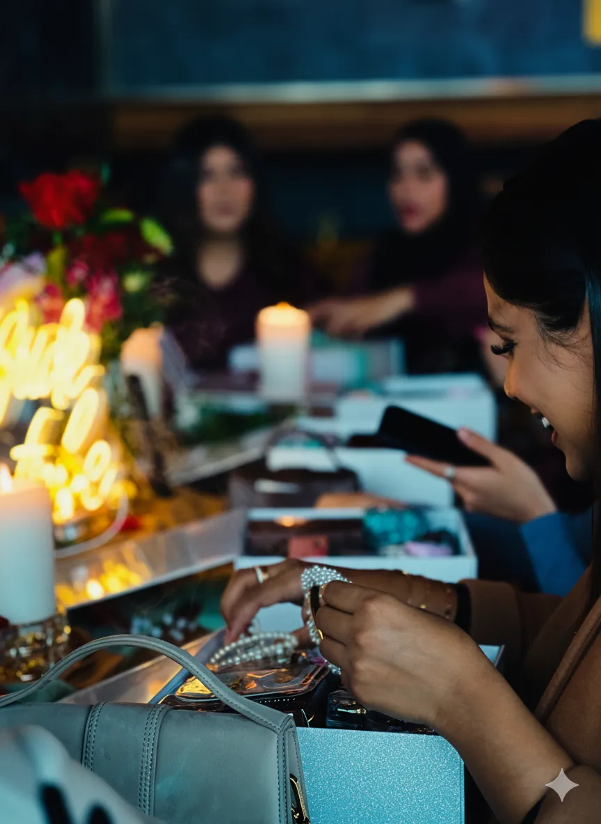 Woman smiling while holding pearl jewelry at a table with candles and flowers nearby.