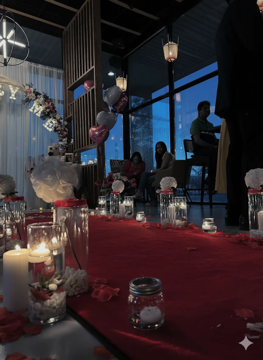 Indoor celebration with candles, flowers, heart balloons, and people seated near tall windows at dusk.
