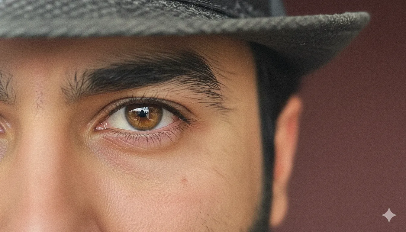 Close-up of a brown eye with thick eyebrow and a dark hat on a tan-skinned person.