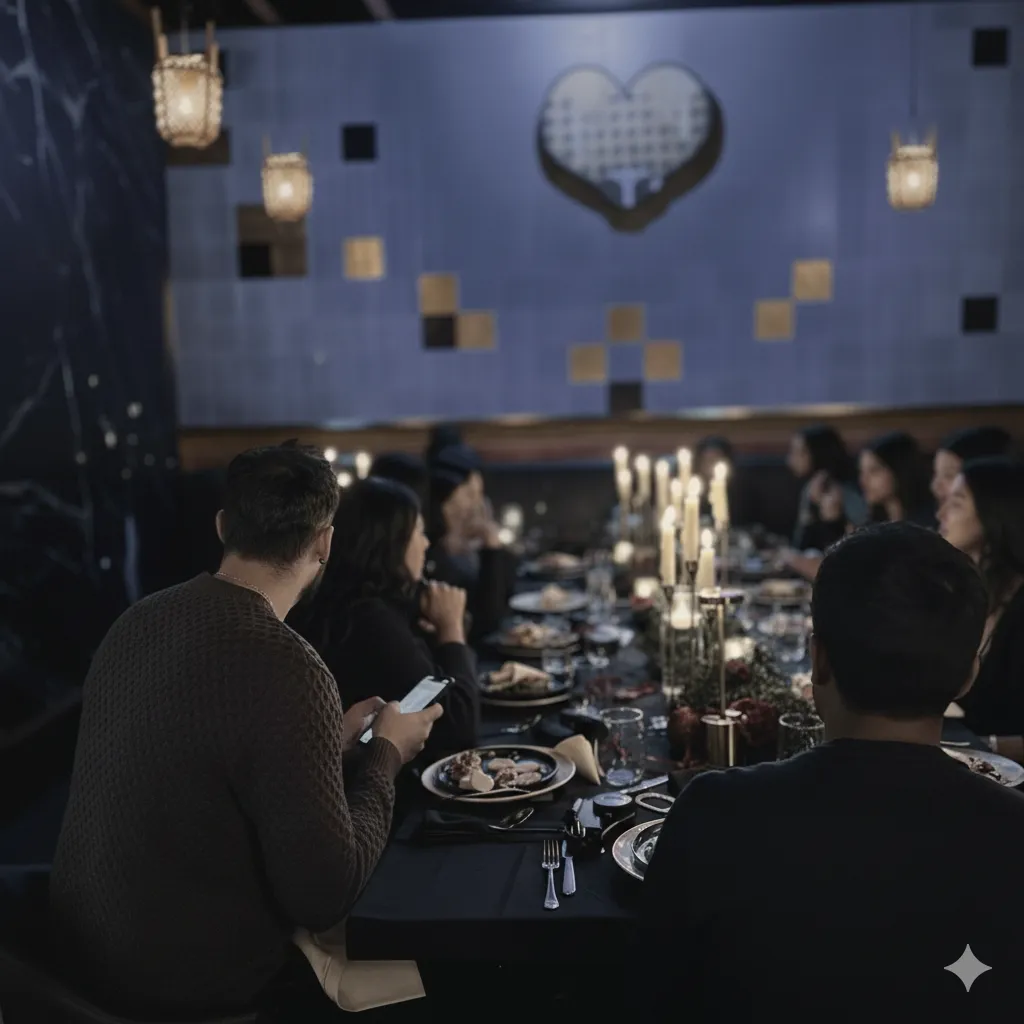 Group of people dining at a long candlelit table in a dim restaurant with heart decor on the wall.