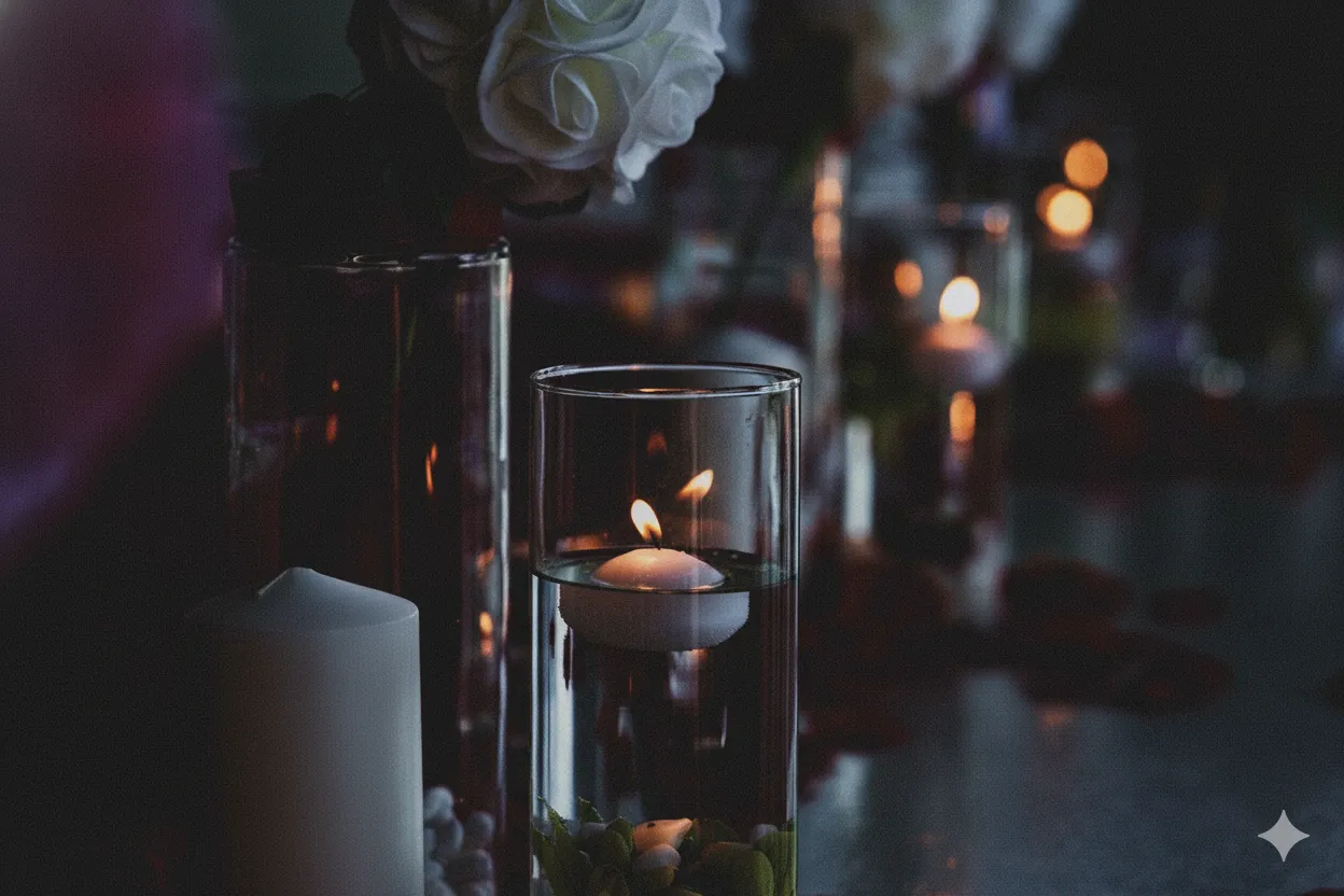 Floating candle lit inside a glass vase with water, surrounded by flowers and dim candle lights.